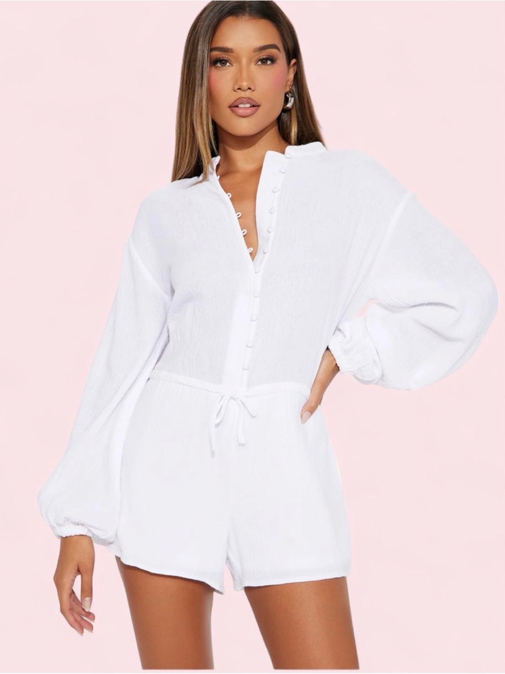 Fashion Nova White Long Sleeve Button Romper
